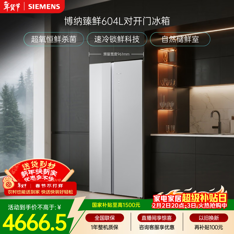 西门子（SIEMENS）博纳臻鲜604L对开门冰箱 超氧恒鲜杀菌 超大容量 科学分区 一级能效晶耀KA98CEA63C国家补贴