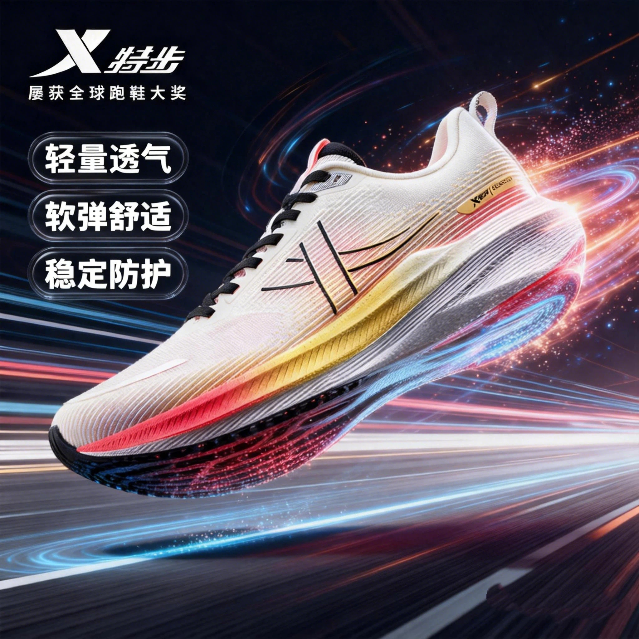 特步（XTEP）动力巢科技跑步鞋男鞋减震透气运动鞋不闷脚春夏休闲网面软弹鞋子 帆白/秋葵黄/荧光山茶红 42