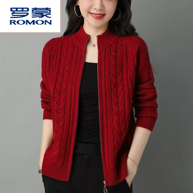 罗蒙（ROMON）羊毛衫纯色拉链毛衣外套女2023秋冬新款加厚宽松长袖外穿针织开衫 红色 2XL 130-140斤穿