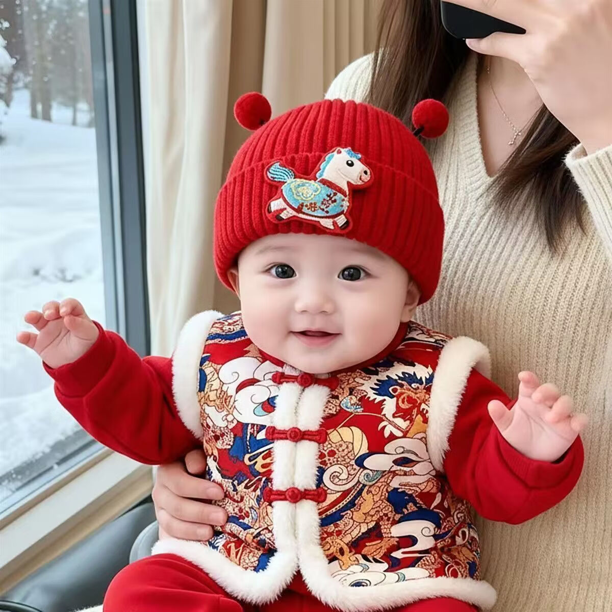 彩虹房子婴儿新年帽子秋冬季红色福字宝宝毛线帽男女童喜庆针织帽 平安福马-新年系列毛线帽 建议年龄1-12个月【40-46cm】有弹力