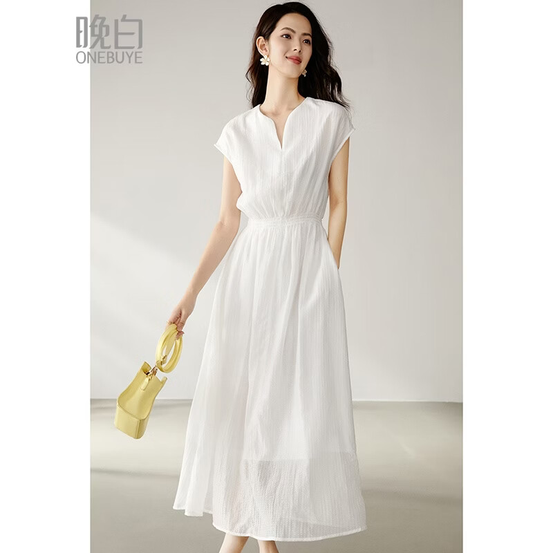晚白【断码清仓】2026年春款经典清新V领裙子莱赛尔亲肤舒适连衣裙 白色 L