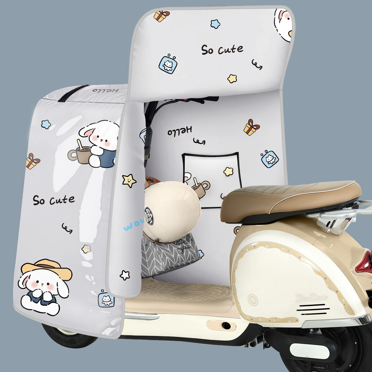 浪漫美西（langmanmeixi）电动车挡风被冬季加厚覆膜防水电瓶摩托车防风防晒罩保暖四季通用 四季通用【全包覆膜+收纳扣】灰底牛仔小兔