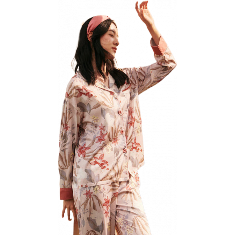 富妮來(lái)（lunilai）舒適順滑仿真絲女士家居服襯衫領(lǐng)長(zhǎng)袖睡衣秋季兩件套 落日珊瑚 M