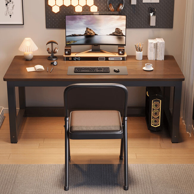 电脑桌卧室家用学生学习写字桌台式简易书桌加厚双人长 柚木黑腿【加粗50mm桌腿】 120x70x74cm