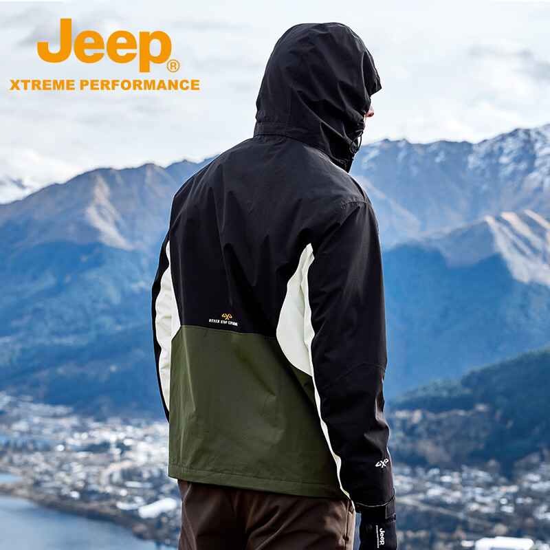 JEEP户外三合一冲锋衣春秋新款加绒夹克外套男士防风防水登山服 品牌黑 2XS/155/80B