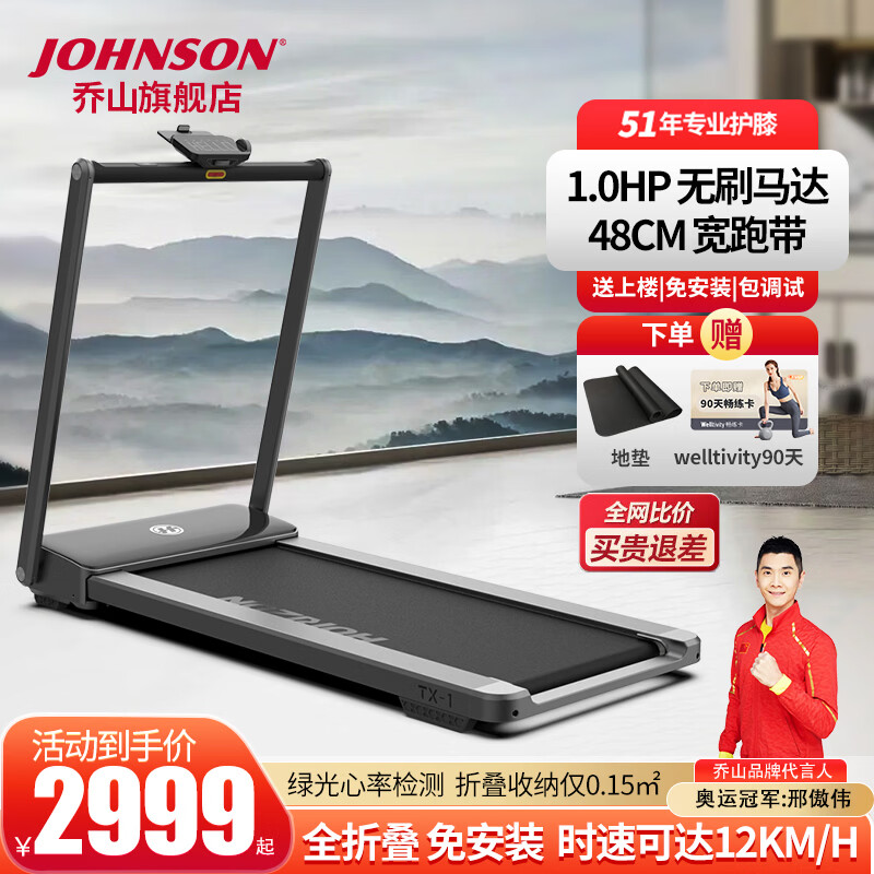 乔山（JOHNSON）家用跑步机减震护膝可折叠走步机运动减肥燃脂健身器材 固定坡度 TX-1 MAX（灰色）_Horizon