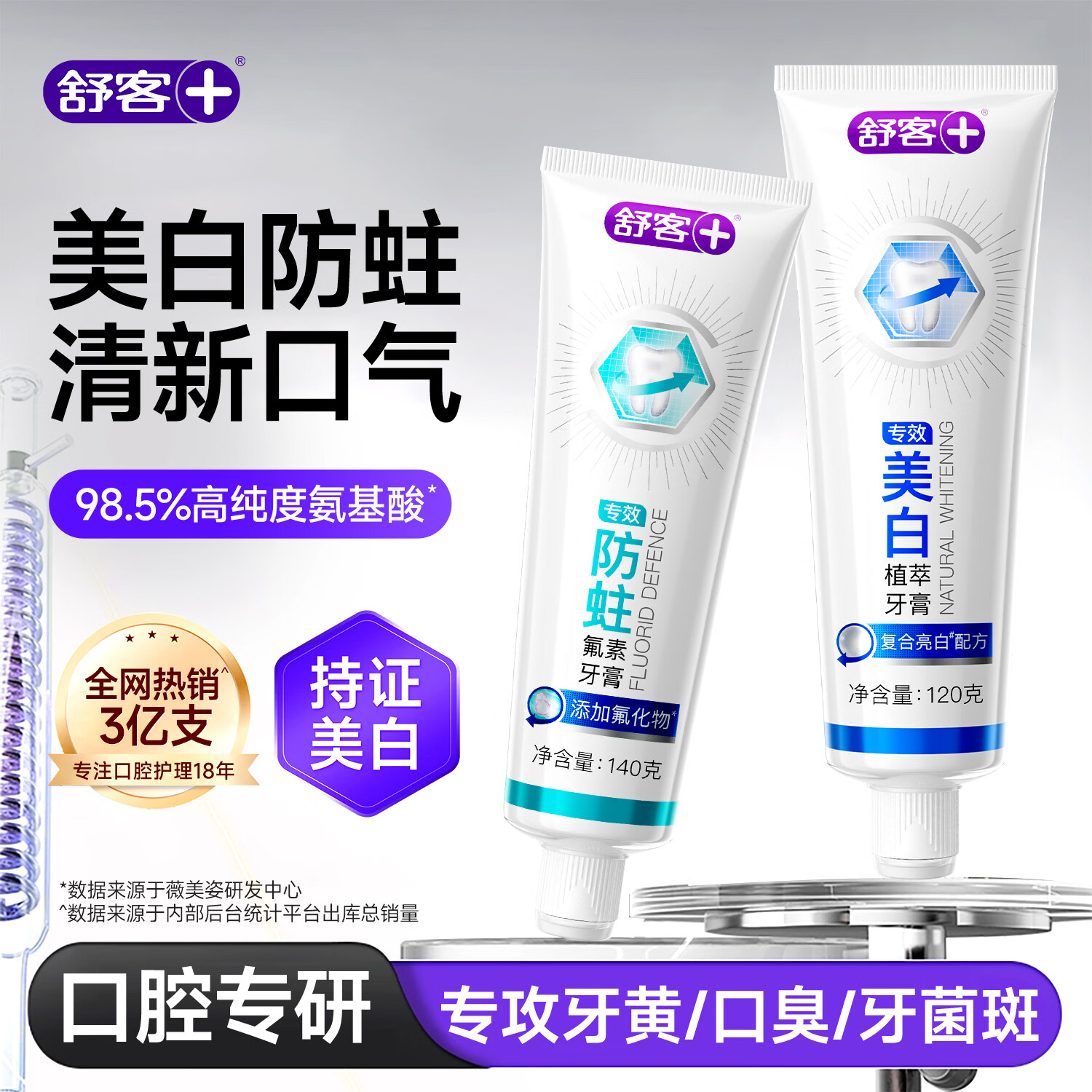 舒客氨基酸美白牙膏亮白含氟护龈清新口气家用官方旗舰店正品 【2支装】美白120g+防蛀140g