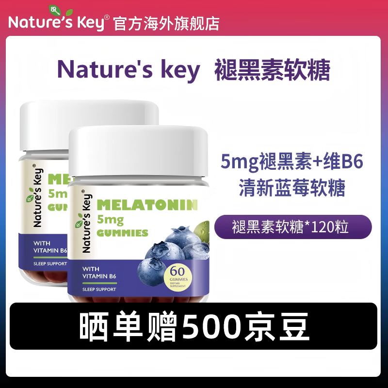 Nature's Key美国进口自然之钥褪黑素软糖5mg褪黑素/2粒 含维生素B6舒缓释压   蓝莓味褪黑素晚安软糖 60粒*2瓶 【共120粒】