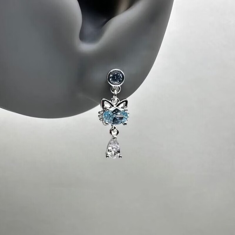 KZD老凤凰Vintage古着灵猫钛钢耳骨钉小众设计独特ins风猫咪吊坠耳饰 灵猫钛钢螺旋钉【一对】蓝色