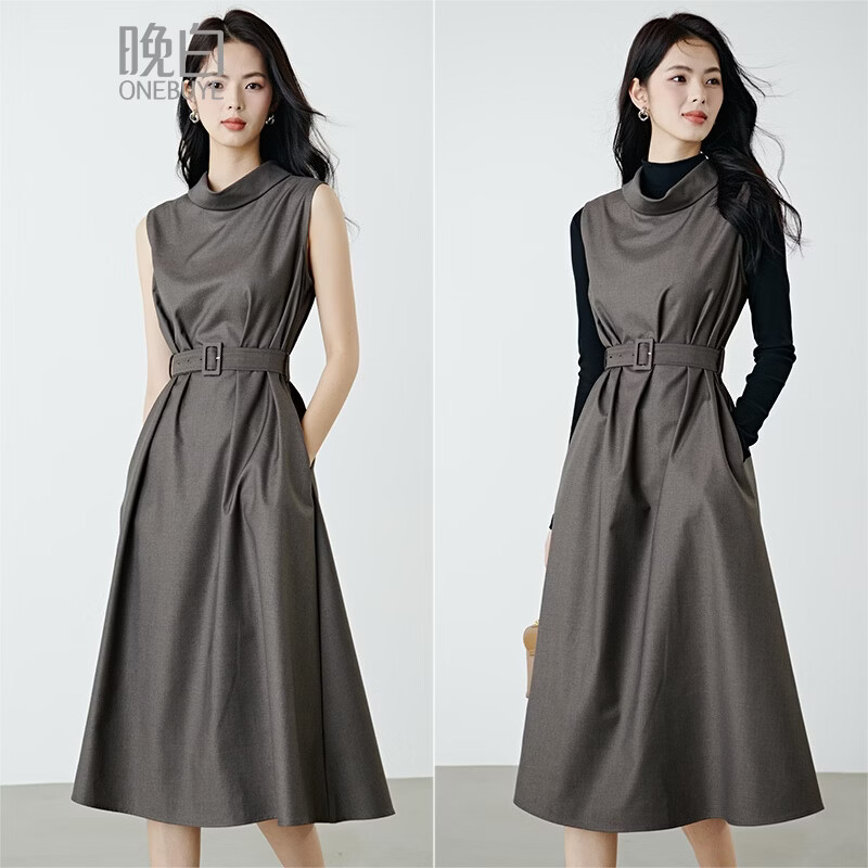 晚白【新品】2026年春款经典立领高知穿搭无袖裙子系带收腰气质连衣裙 褐色 XL