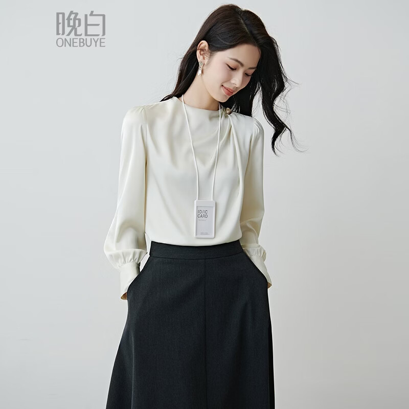 晚白设计感压褶缎面垂顺不易皱免烫衬衫2026春款时尚优雅法式通勤衬衣 米杏色 M