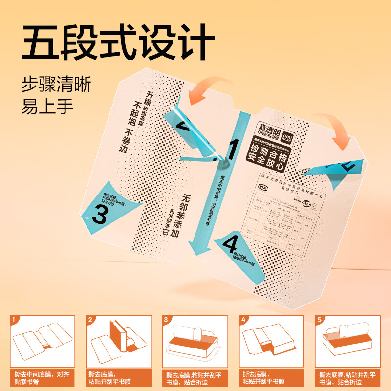 得力(deli)分段式包书皮树脂底膜自粘透明磨砂加厚书套书膜五段式16K小学生一年级A4一体化书壳全套塑料防水 【中小学推荐】共27张(大5中20小2)送姓名贴36枚+课程表1张 真透明底膜-分段式