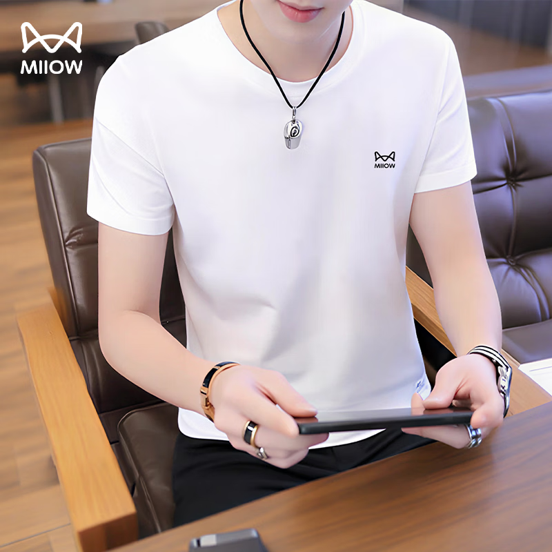 猫人（MiiOW）短袖t恤男2026夏季新款运动健身跑步上衣宽松棉感透气半袖男士 纯净白 （棉感透气-胸口标） L  /175(120-140斤）