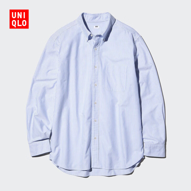 优衣库男装女装牛津纺条纹衬衫长袖衬衣休闲通勤26春夏新款482446 65 宝蓝色 L