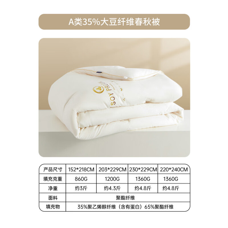 多喜爱被子大豆被春秋被大豆纤维被芯子母被学生宿舍被子保暖冬被 A类35%大豆纤维春秋被经典深睡款 适用于1.2米床 尺寸152*218cm