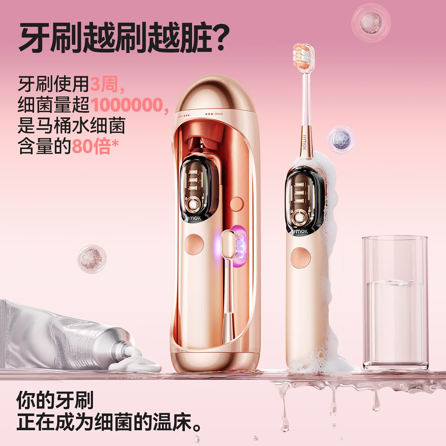 锦美客（JIMOK）德国扫振电动牙刷 灭菌太空舱 深度清洁 成人软毛 生日礼物情侣套装 J7 【升级推荐】镜空粉4刷头 声波灭菌款
