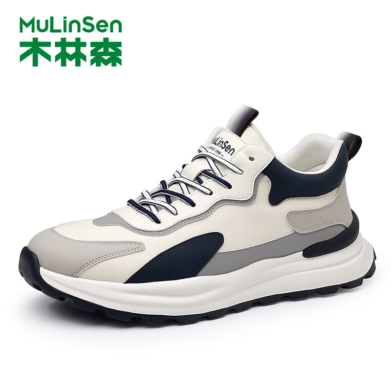 木林森（MULINSEN）男鞋2026秋季新款透气休闲鞋男士真皮舒适防滑增高跑步运动鞋子男 米蓝 44 皮鞋码