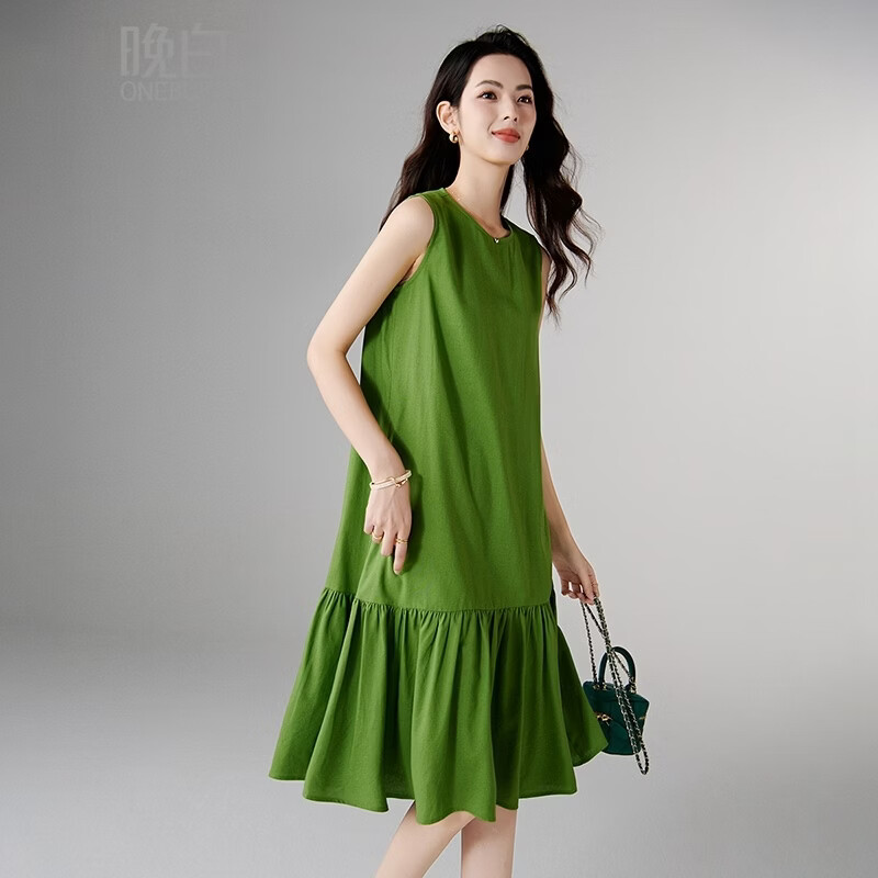 晚白【新品】2026年春款时尚棉麻裙子宽松舒适休闲无袖连衣裙 绿色 S