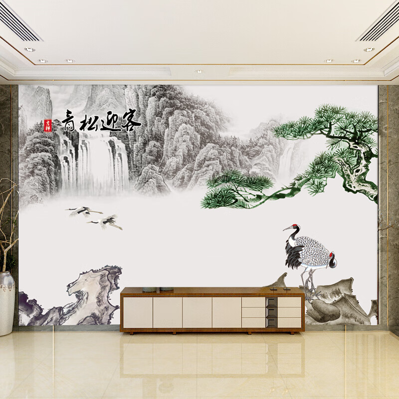 高档甄选品质送礼青松迎客松仙鹤电视背景墙山水客厅中式壁画大气影视