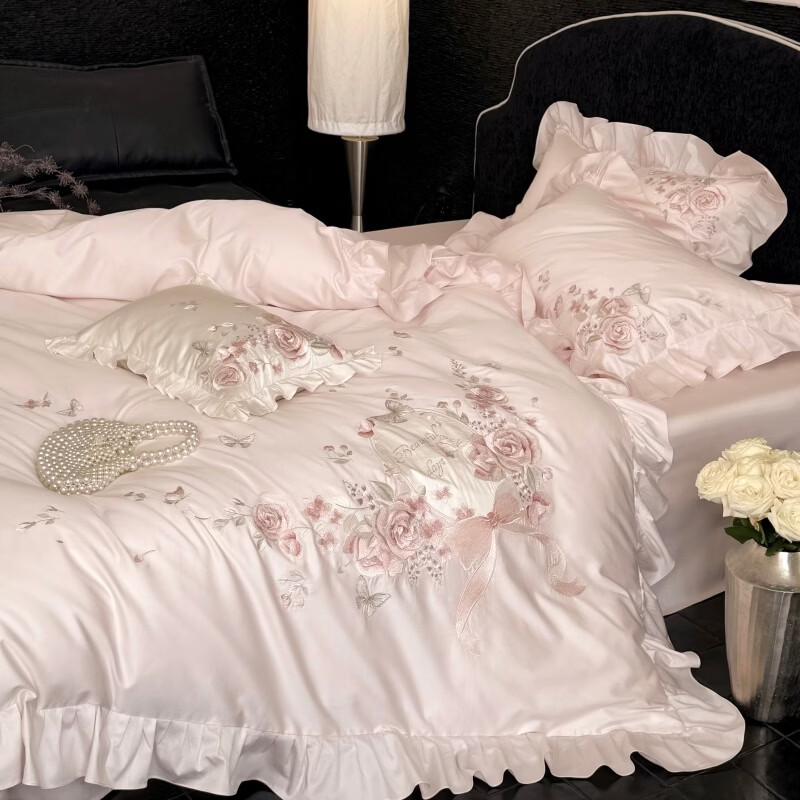 ROLAND LIVE轻奢高级感长绒棉刺绣四件套公主风花边被套床单单双人床床上用品 LB 长绒棉套件-邂逅庄园粉色 1.2米床 床单款 【被套150*200cm】