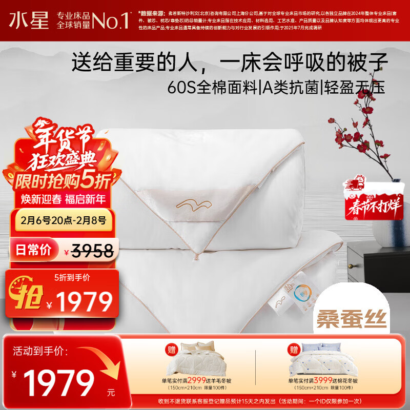 水星家纺蚕丝被100%桑蚕丝冬被子冬季子母被二合一被芯约10.6斤220×240cm