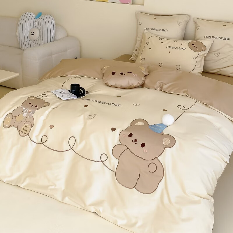 ROLAND LIVE儿童卡通长绒棉四件套小清新可爱全棉被套床单透气四季卧室三件套 LLG 长绒棉套件-饼干小熊【送同款抱枕】 1.2米床 床单款 【被套160*210cm】