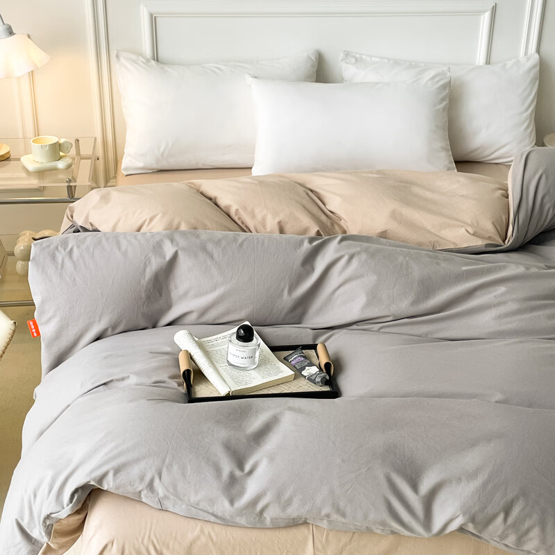 蜜乐暖A类100%纯棉被套单件水洗棉夏季单双人简约被单150x200学生被罩套 浅灰-卡其【A类亲肤无刺激舒适】 150x200cm【100%全棉舒适裸睡 单被套】