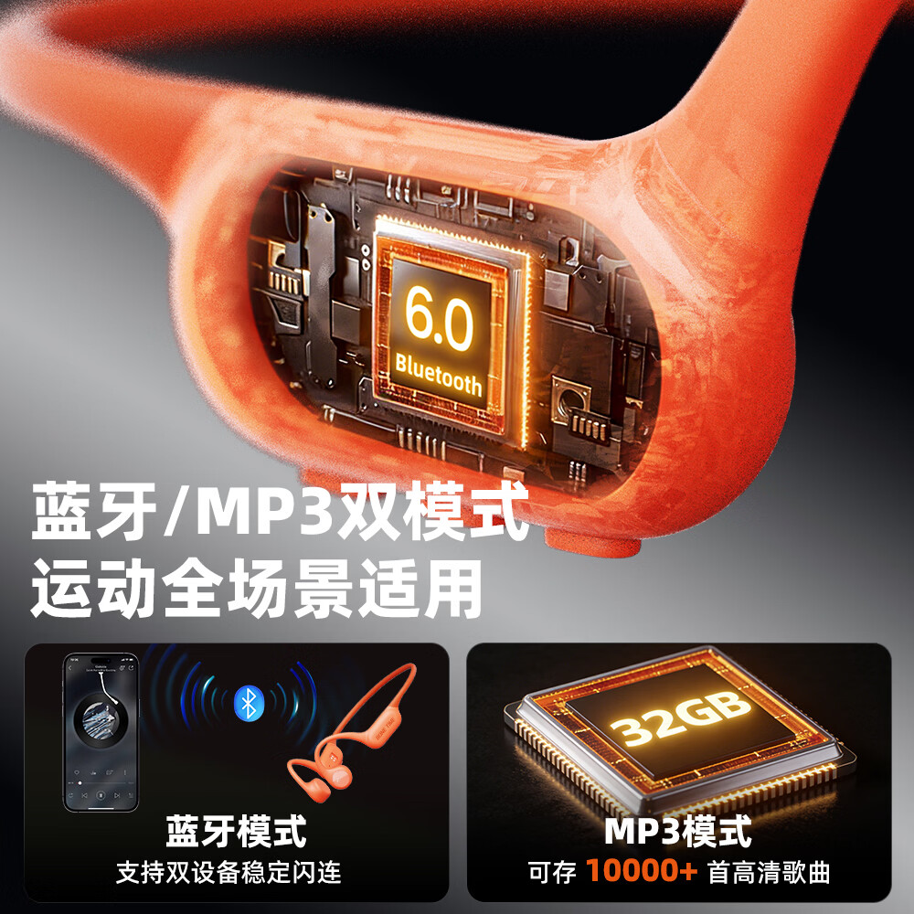 BONETIME【分期免息】骨时X20游泳耳机骨传导IPX8级防水运动自带32G内存耳机跑步骑行长续航蓝牙骨传导耳机 【旗舰版】闪电橙 | 游泳8级防水+32GB内存 赠收纳包+耳塞