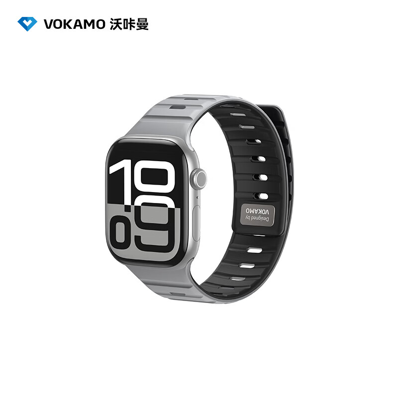 VOKAMO沃咔曼适用Apple watch S11/10/9硅胶磁吸表带透气金属卡扣iwatch Ultra3/2苹果手表腕带夏日运动 黑色 44/45/46/49MM
