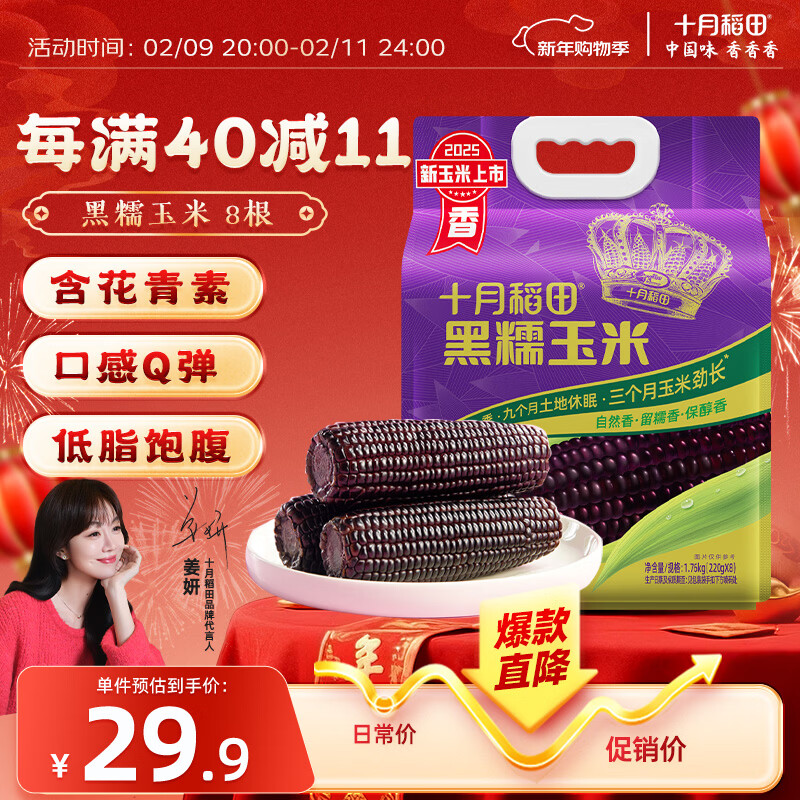 十月稻田 黑糯玉米 3.52斤(220g*8根) 东北玉米 杂粮粗粮 低脂早餐
