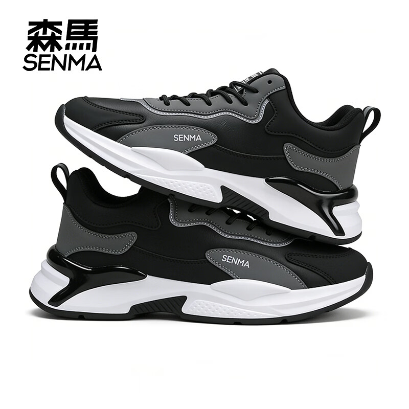 森馬（senma）男士时尚休闲皮面运动鞋潮流百搭厚底防滑跑步鞋 黑色 41