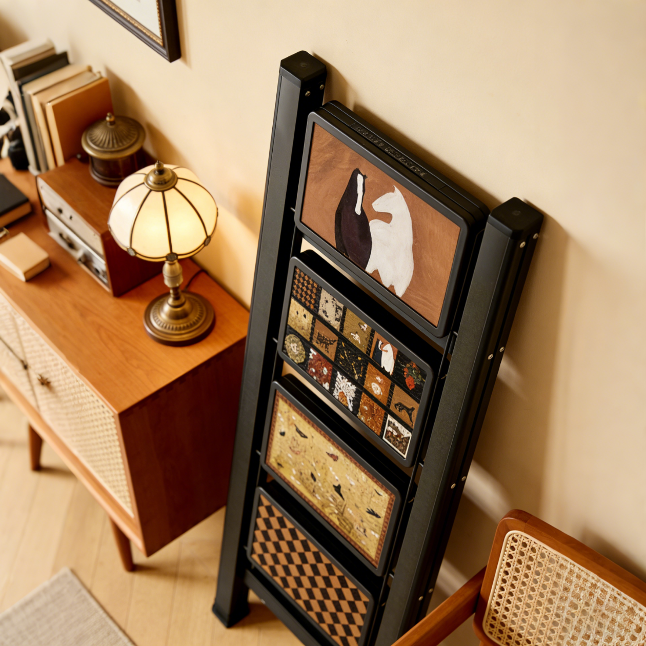 沂居家用折叠中古风梯子复古小梯子室内便携人字梯防滑加厚 复古氛围黑色二步梯【微喷印花耐磨不褪色】登高装饰