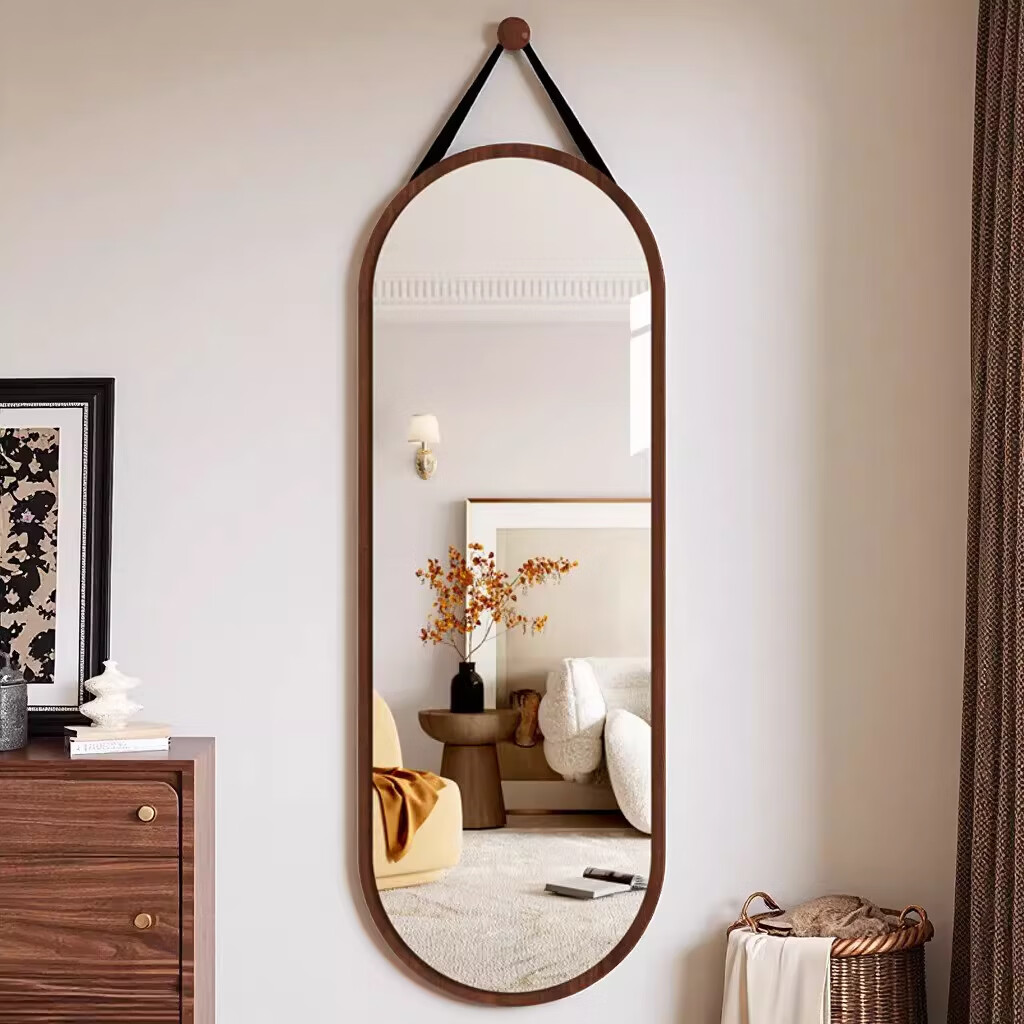 诗元中古风壁挂绳全身镜挂墙穿衣镜贴墙自粘卧室家用玻璃网红试衣镜子 胡桃色【浮法玻艺 运损包赔】 40*120