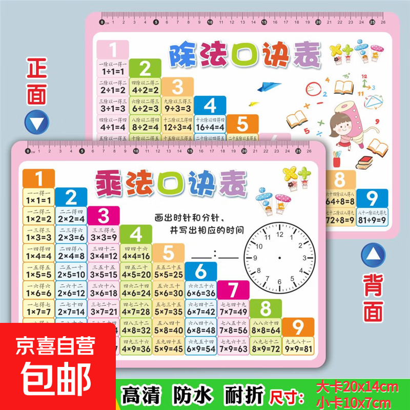 九九乘法除法口诀表卡片小学数学一二年级算术99背诵神器学习教具 粉色款乘除法PVC大卡【赠同款小卡1张】