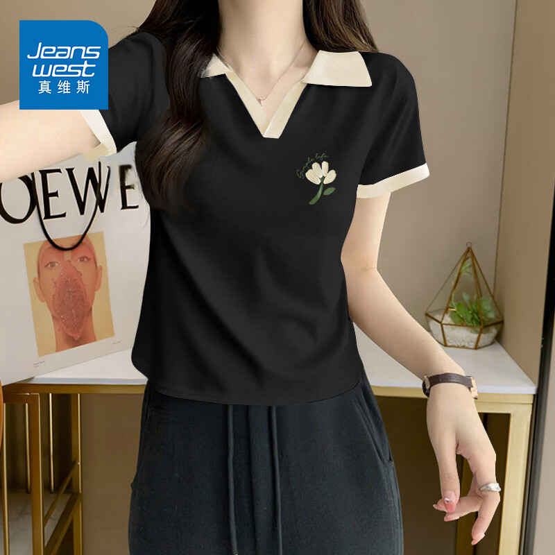 真维斯（Jeanswest）翻领宽松纯棉短袖polo领T恤女2026夏季新款高中生韩系撞色打底衫 黑色 小白花_K XL