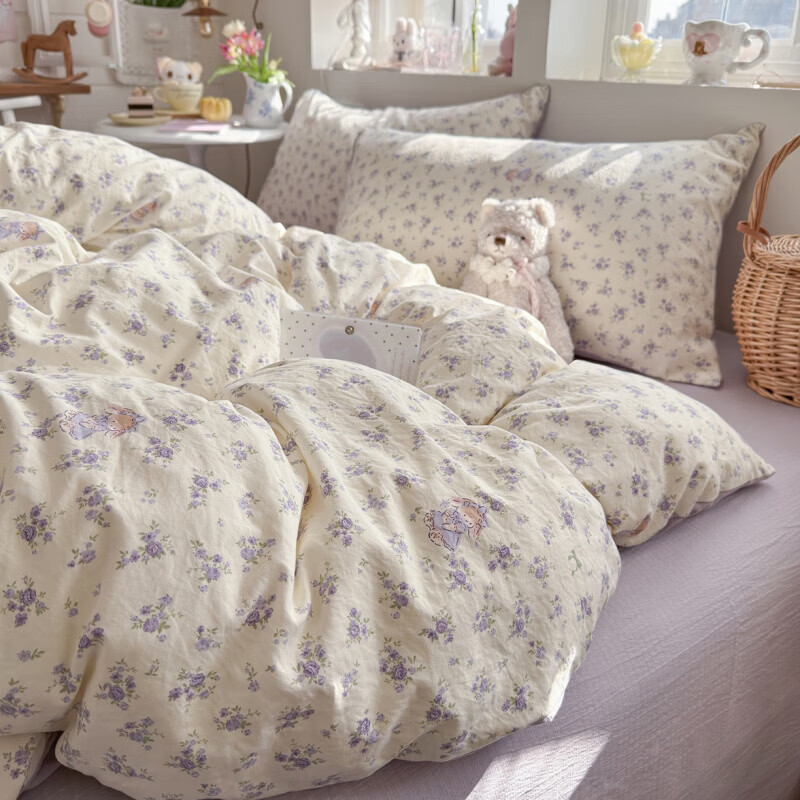 一默四件套2026款A类古法水洗仿棉云感纱被套床单床笠枕套家用四件套 花集小兔 2.0m 床单款 （被套200*230cm） 四件套