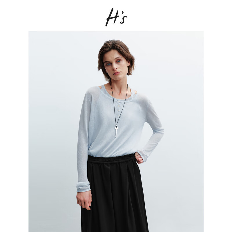 H's假两件针织衫女26年春季新款高级肌理感薄款微透落肩毛衣上衣 浅水蓝 M