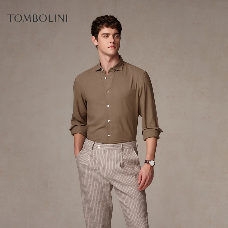 东博利尼新款亚麻长袖衬衫男咖色休闲时尚 咖色 41