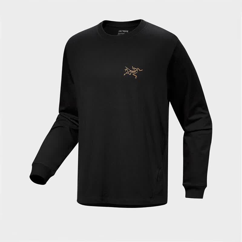 始祖鸟（ARC'TERYX）t恤男KRAGG印花鸟标宽松圆领户外运动透气耐磨纯棉透气长袖t恤 黑色/24K M