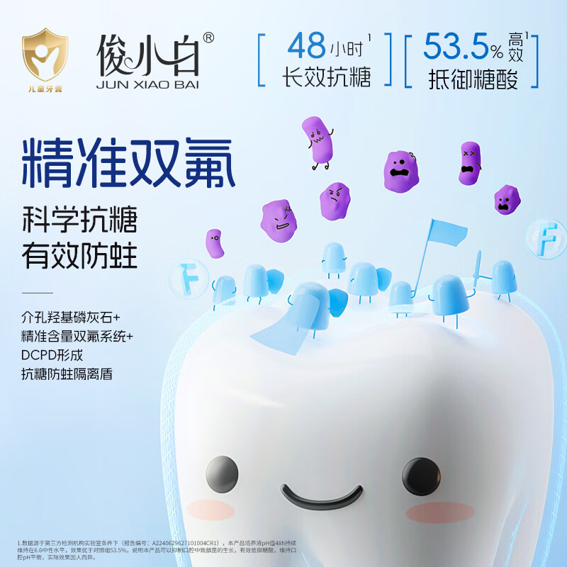 俊小白羟基磷灰石抗糖防蛀儿童牙膏防龋固齿含氟宝宝2-12岁口腔护理 【抗糖防蛀】2-12岁*3支