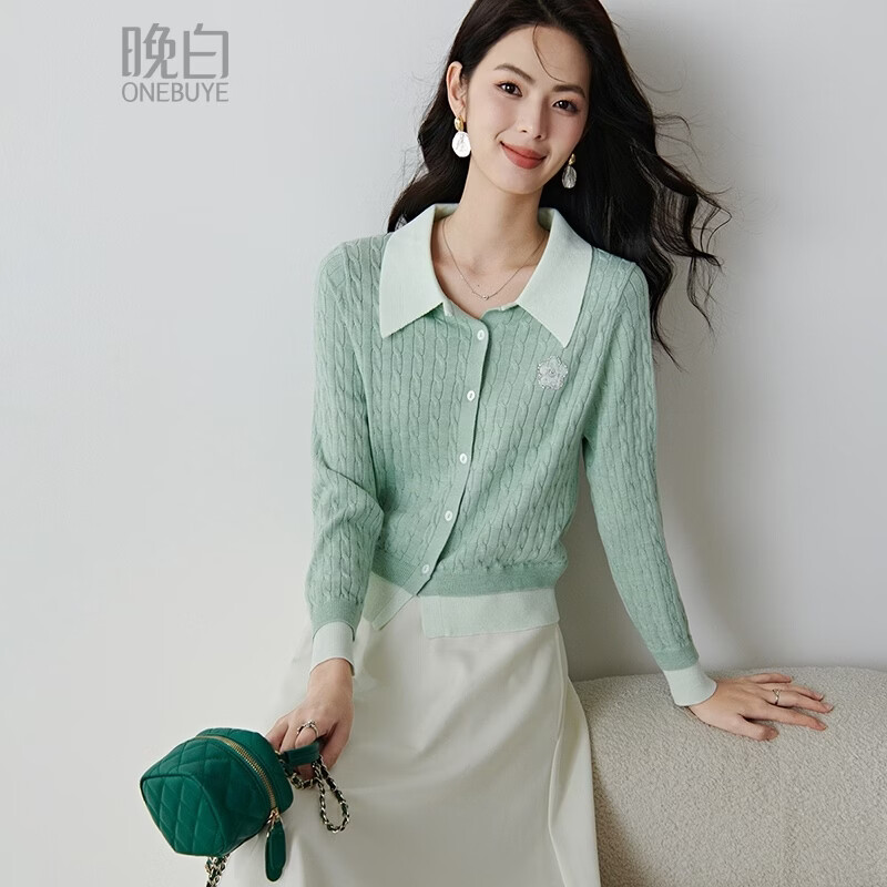 晚白2026年春款薄荷绿显白翻领假两件上衣亲肤舒适撞色绞花针织衫女 浅绿色 L