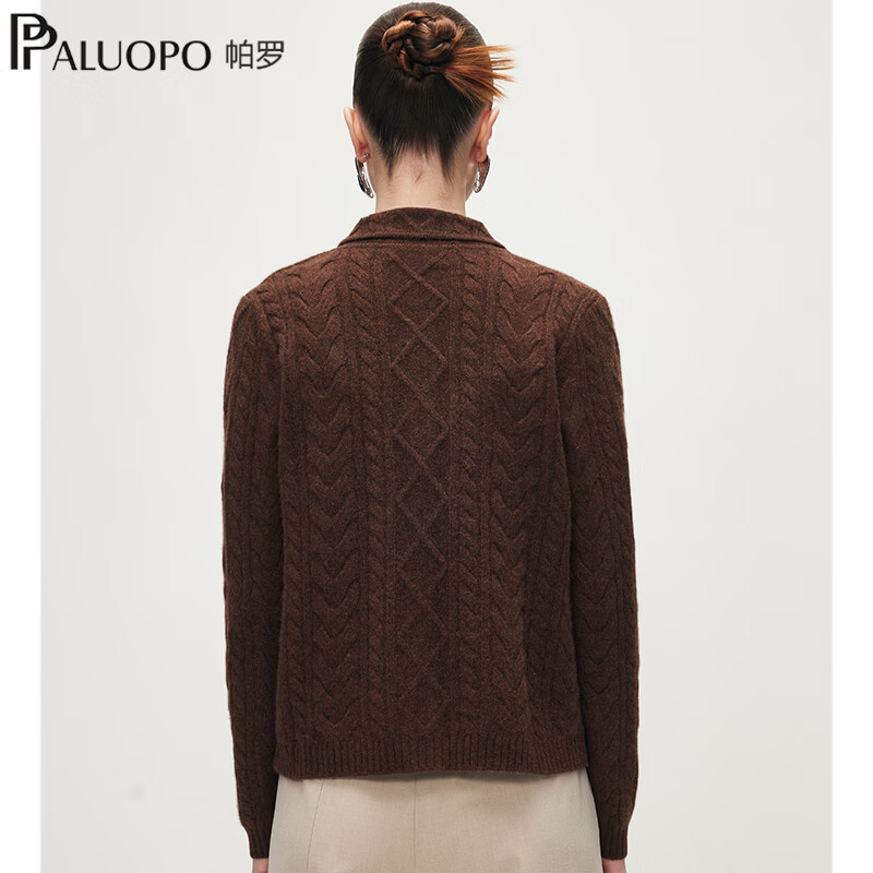 帕罗(PALUOPO)【RED商场同款335g】复古绞花半高翻领女纯羊绒开衫百搭针织毛衣 光辉咖夹花 2XL 115