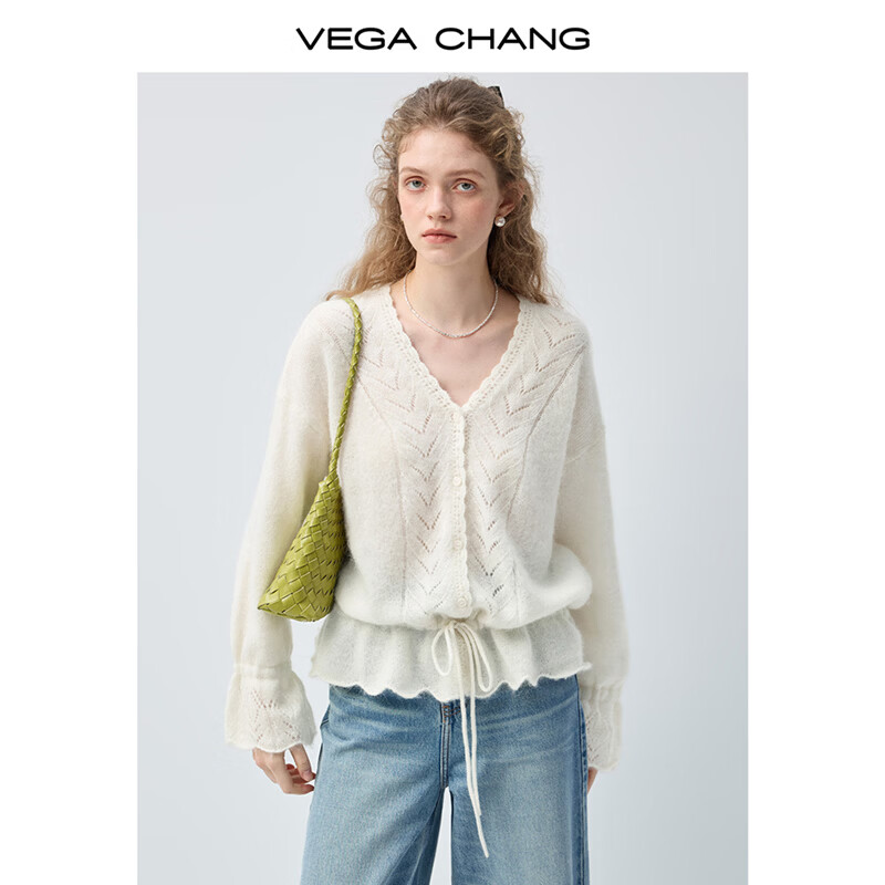 VEGA CHANG【馥芮白】抽绳V领羊毛衫女2026新款春慵懒温柔风开衫 麦芽米(针织衫) S
