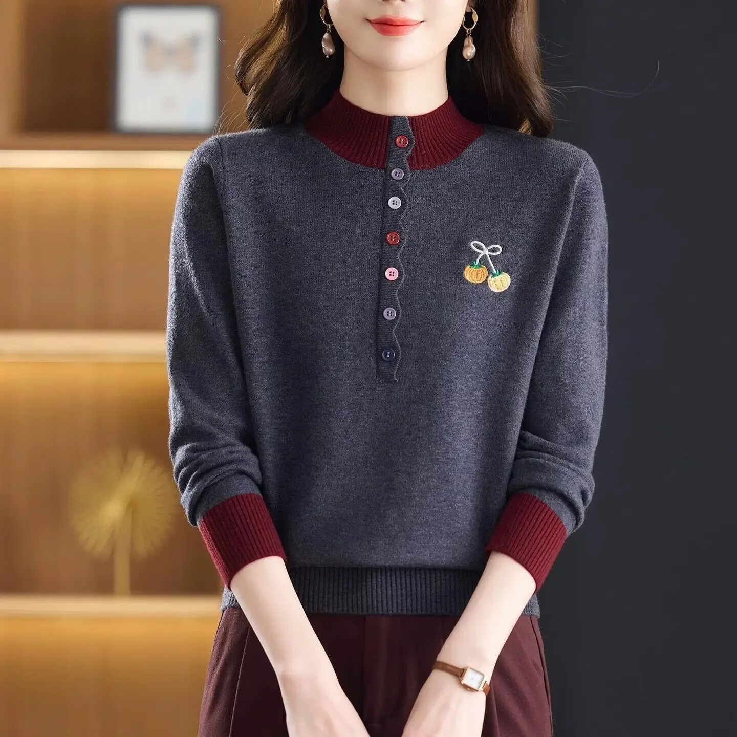 【新年新气象】半高领撞色针织衫女纽扣装饰打底衫百搭显瘦洋气 灰色 XL （115-125斤）