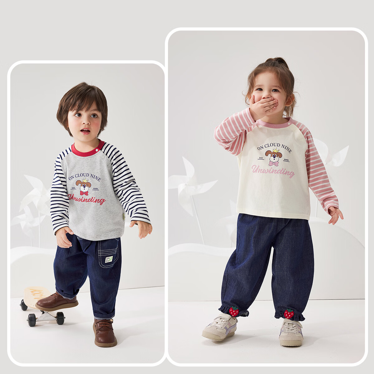 威尔贝鲁（WELLBER）儿童T恤春秋新款长袖T恤条纹百搭撞色拼接上衣宝宝内搭中小童纯棉 【印花款】浅麻灰 100