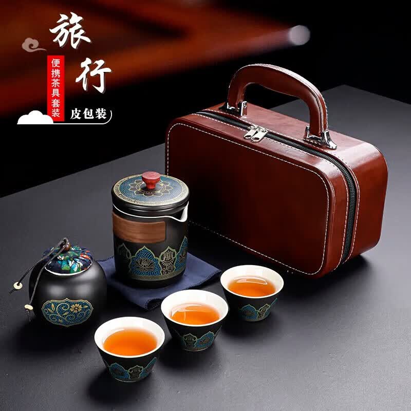 津盼旅行茶具套装便携功夫茶具陶瓷杯泡茶壶快客杯商务伴手礼活动礼物 旅行茶具套装【雅黑】 1件