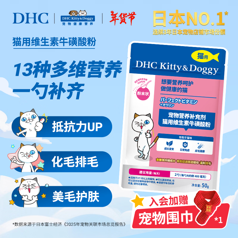 DHC Kitty&Doggy猫咪维生素B复合防掉毛专用牛磺酸粉宠物营养补充剂美化毛保健品 【性价比优选】50g丨约60天 京东折扣/优惠券