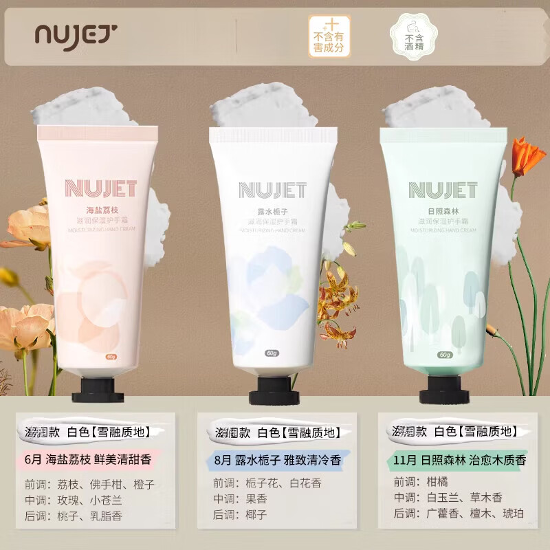 NUJET法国雪融香氛护手霜女清爽不油腻滋润保湿补水便携 日照森林+露水栀子+海盐荔枝