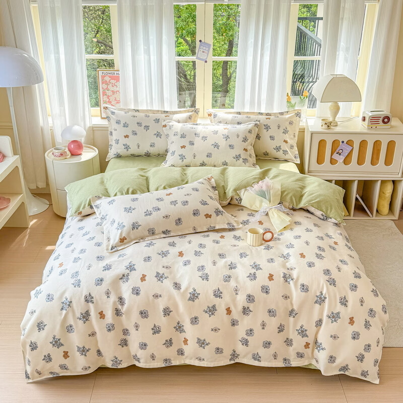 多兰诗（Duolanshi）春夏加厚磨毛四件套 ins四件套花卉田园风格床单被套四件套 花中小熊M 2.0米 床单款 被套200*230 四件套