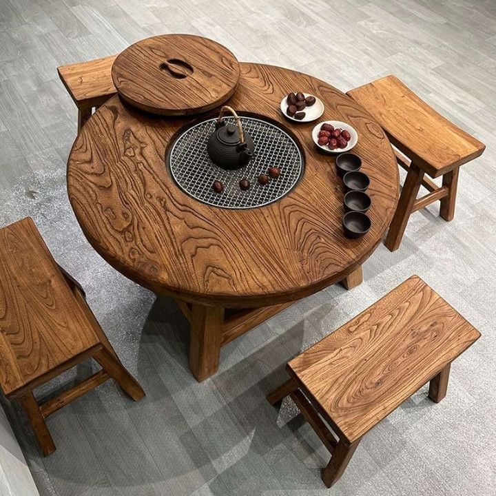 怀赛老榆木高档围炉煮茶冰茶全套桌子阳台庭院圆形实木茶桌烧烤火锅桌 [平台臻选]旗舰款-电陶炉+黄铜 直径80高50[榫卯结构-现货秒发